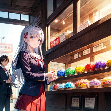 Japanese traditional dagashi-ya (candy store) exterior scene, sunset time. Student in school uniform standing excitedly in front of the nostalgic wooden storefront, looking up at the classic shop sign and colorful snack displays in the window. Warm evening...