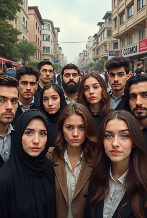 Realistic photo of a group of Jewish men and Jewish women in their 20s in a Jewish city focusing on the face and the scenery 