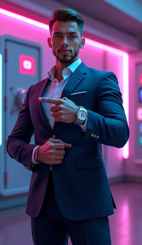 ((A CASH SAFE ), (()), (( LANDSCAPE WITH MONEY )), (( SYMBOLS FROM TIKTOK AND YOUTUBE )), (( ambient neon lighting in purple and cyan )), ( ( Young and successful man )), (( he is POINTING AT THE CELL PHONE WITH A MONEY SYMBOL)), (( Athletic construction )...