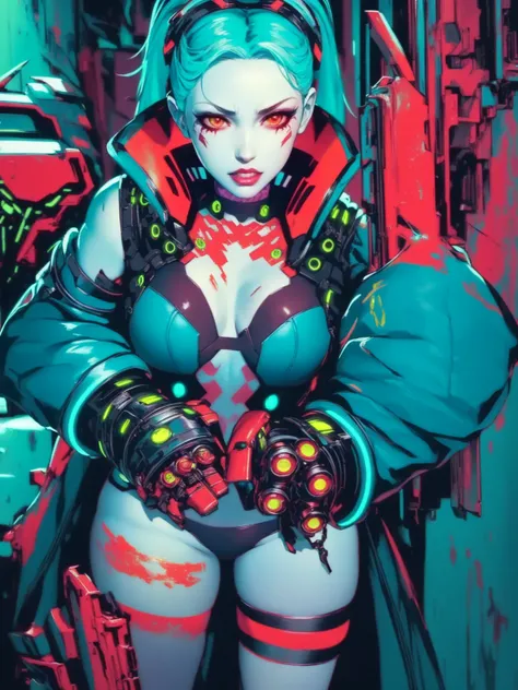 Rebecca, 1girl, young girl, 1 , futuristic cyberpunk, lewd grin, (twin tail, hairband, colored sclera, red sclera, green hair, green pupils, fang, red eyes, wearing a little sexy clothes, black croped jacket ), ((skinny body)) , (((two large gauntlets blue...