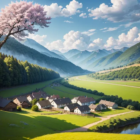 rivers . houses. horses. mountains. clouds. trees. cherry trees . cold weather. morning sun shine. beautiful nature. fields. vegetables fields. High Resolution, Impressionism, Minimalism, Abstract Expressionism, Masterpiece, Abstractionism, Action Painting...