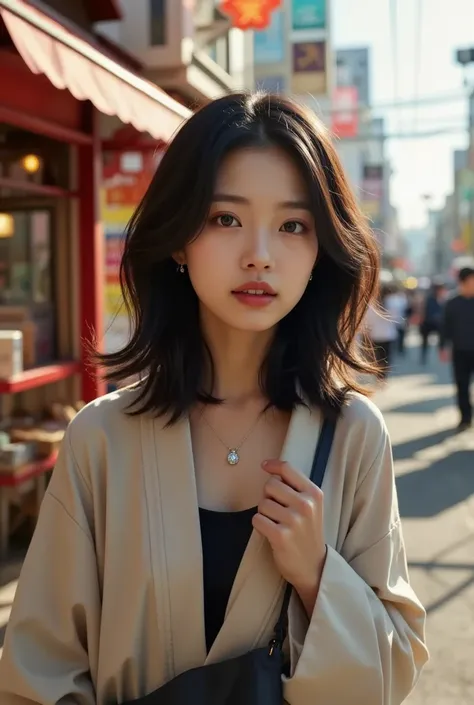  the young Japanese woman sparkles 、 create a dynamic backdrop 、 x} It exudes an unpretentious chic vibe . Her style is、 Its a seamless blend of tradition and modern fashion ,  casually drapes a kimono-style jacket over her shoulder 、 Its paired with moder...