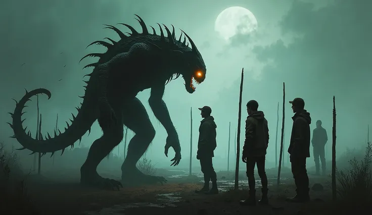 Create a realistic depiction of a dark-colored monster attempting to reach people who are standing behind stakes planted firmly in the ground. These stakes clearly mark the boundary of how far the monster can go. The monster has a scorpion-like tail with a...