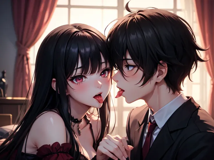  Anime screenshot . Scene R .18 NSFW.  A pair of twin brothers of the opposite gender  ( a boy and a girl )  with black hair and red tips .  With dark red eyes .  The girl with long and messy hair with a fringe that covers the right edge of her face.  The ...