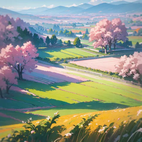 rivers . houses. horses. mountains. clouds. trees. cherry trees . cold weather. morning sun shine. beautiful nature. fields. vegetables fields. High Resolution, Impressionism, Minimalism, Abstract Expressionism, Masterpiece, Abstractionism, Action Painting...