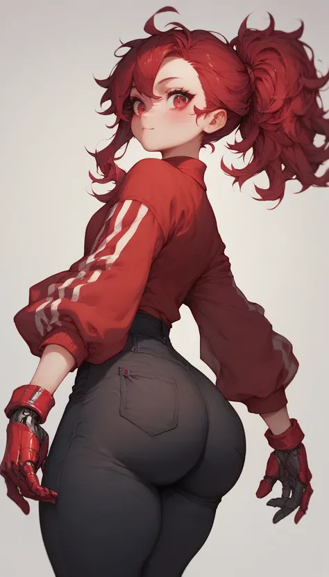  anime girl image, ruby red messy ponytail,  black pants, robotic gloves,  Big Tits,  big ass,  big thighs, ruby red eyes, cute face, half blushed, desnuda