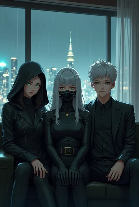 Generate an image of Create a high-resolution digital image (at least 4K) of three anime characters sitting on a luxurious black leather sofa in a futuristic living room.  The art style should be a mix of realism and anime, with a focus on precise details ...