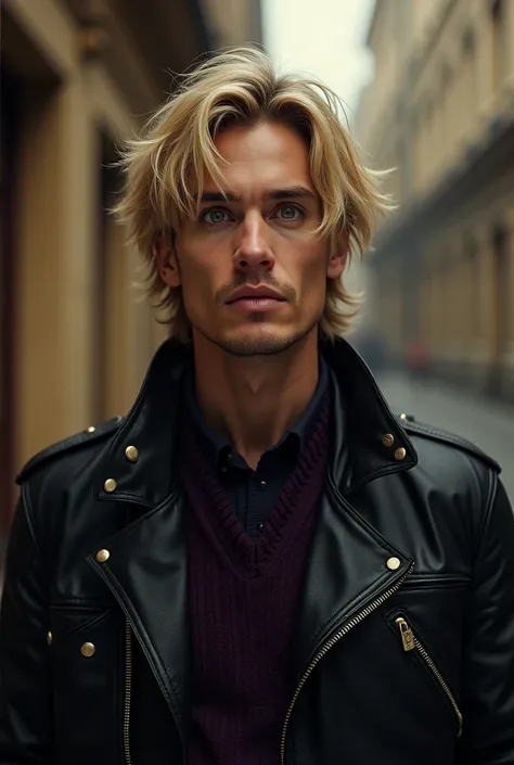 1 person, crazy, strong,  mocking , astonished, smirking expression , researcher, man,  straight blonde hair ,  hair long and shabby ,  mocking  взгляд,  green eyes , noble,  fair skin , warm colors,  dressed in a dark purple sweater and a black leather ja...