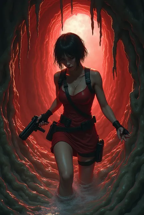 Resident Evils Ada Wong trapped in a stomach, sticky, internal image. 