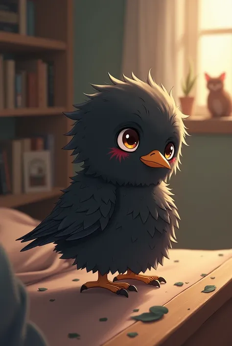 I now generate an image of a baby crow from anime with a wound on the wing in a room 