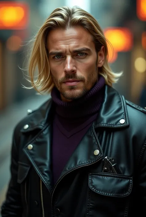 1 person, crazy, strong,  mocking , astonished, smirking expression , researcher, man,  straight blonde hair ,  hair long and shabby ,  mocking  взгляд,  green eyes , noble,  fair skin , warm colors,  gun is wearing a dark purple sweater and a black leathe...