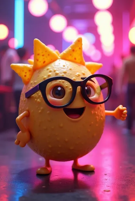  Make an animated character that is a nacho and has glasses and looks like hes dancing, with disc lights