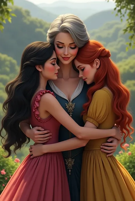 Drizella 23 years old black hair, Anastasia 20 years old red hair, and Lady Tremaine 58 years old grayish black. Hugging very close live version far away picture 