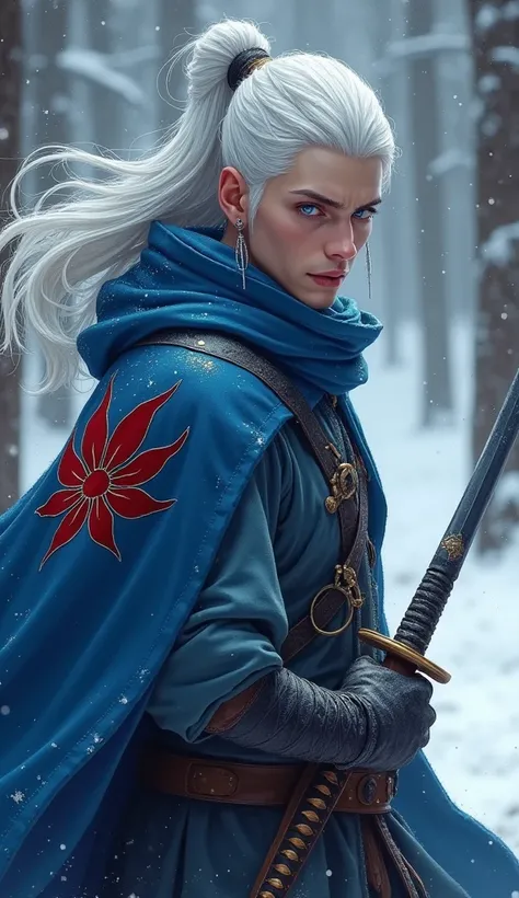 Character art of a middle aged male half-elf with elements of a silver in his skin, platinum silver hair, in a snow covered forest, he wields one magical katana, the katana has a slide adjuster on the back side of the blade, wears a blue heavy cloak with a...