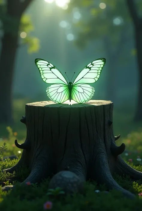 The glowing butterfly resting on the stump is a thing