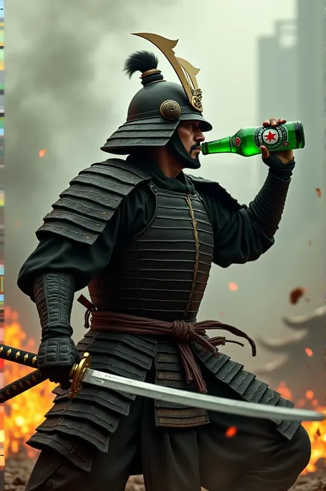 Samurai taking Heineken in battle