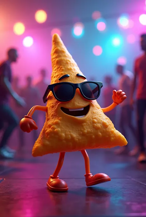 Make an animated character that is shaped like a triangular nacho and has sunglasses and looks like hes dancing at a party, with disc lights