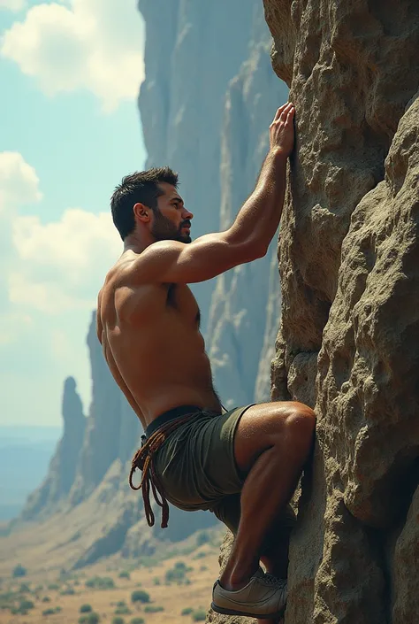 A man truing to climb a high Rock 