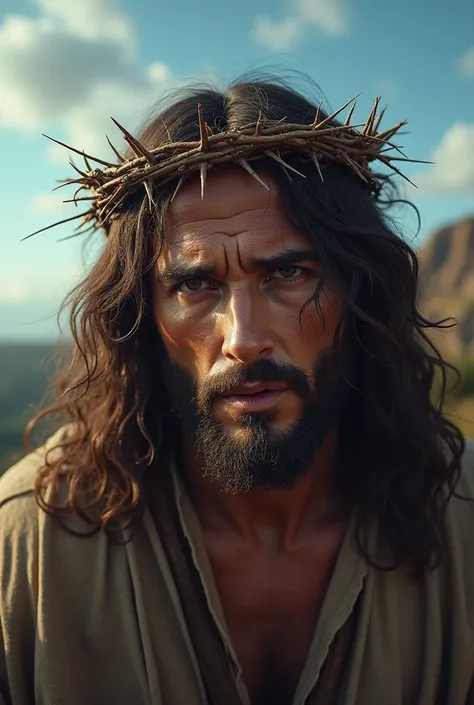  A realistic and dramatic depiction of Jesus Christ wearing a crown of thorns , exhibiting a hateful expression,  but determined .  it is pointing directly at the royal observer ,  dressed in a rough and worn tunic made of natural fabric .  The background ...