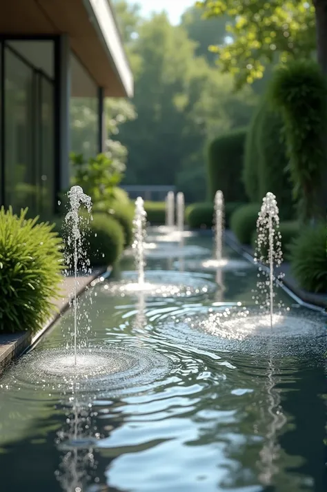  Small magical fountains scattered around the patio launch water jets in perfect geometric shapes. The soft sound of the water brings peace and inspiration to those who pass by .