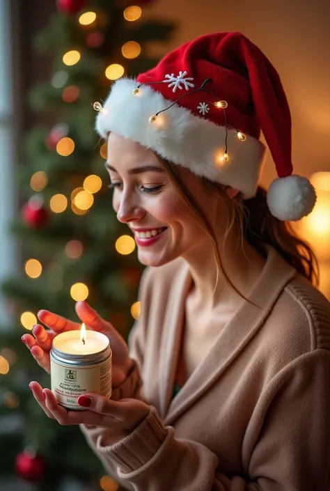 A person wearing a Christmas hat pulling a Rigar lotion balm 