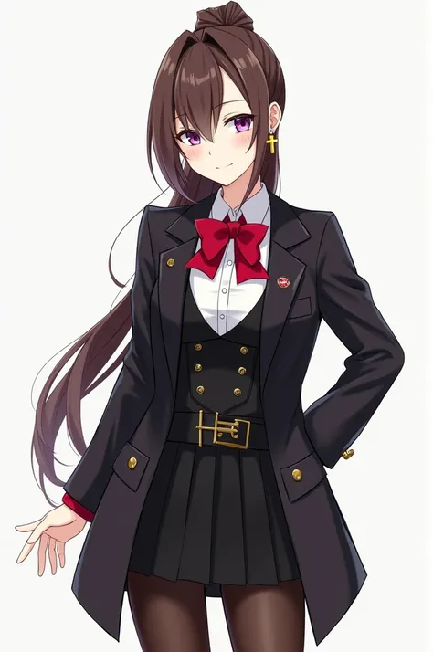 A female character is depicted, with long brown hair tied in a ponytail. She has purple eyes and a confident smile. Her outfit consists of a black coat that is formal, decorated with buttons and a belt. She is wearing a white shirt and a red bow tie undern...