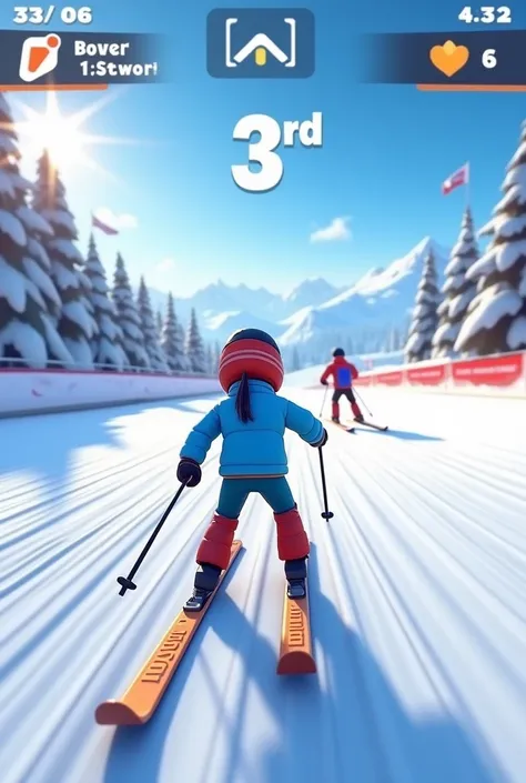  game screen 、There is a mini character doing ski sprints、 This is a camera work of the character being taken from behind、There are ２ skiers in front of the character 、At the top of the screen「1p」「2P」「3p」 has the text 、At the top of the screenバー表示があります、At ...