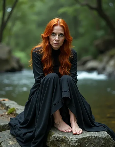 Une femme de 40 ans , pieds nu ,  cheveux long cuivré , yeux verts , la peau claire , habillé style gothique pieds nu.
Elle est assise sur un rocher , les jambes croisés , pieds nu 