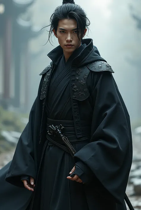 Character wearing the most modernized Hanfu war clothes for men; dark character; slightly slanted eyes;  short wavy hair 
