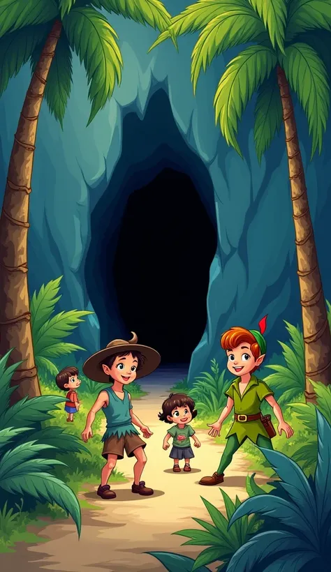 Peter pan and lost boys are reached land , they found a narrow cave leading inside. Cartoon 