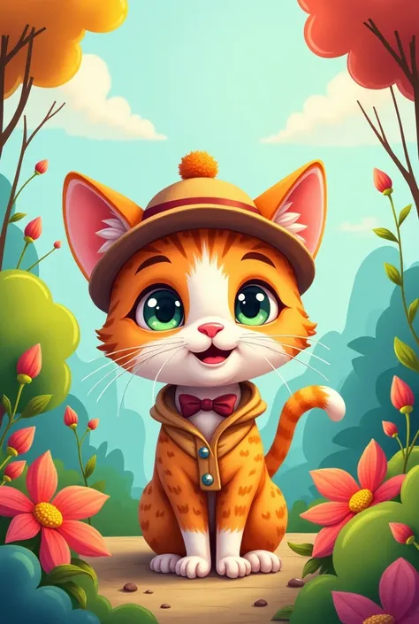 

" Create a cute cartoon portrait of a character with big expressive eyes ,  with bright colors and a friendly smile .  The character can be an animal , For example, a kitten dressed in funny clothes and set against the backdrop of a colorful landscape wi...