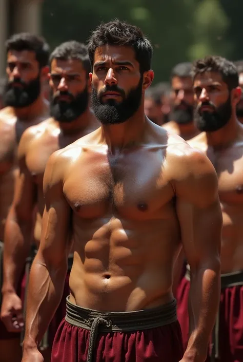 
 Draw me several Roman soldiers in a row, looking ahead, each sexier than before , sweaty, wearing only boxers 