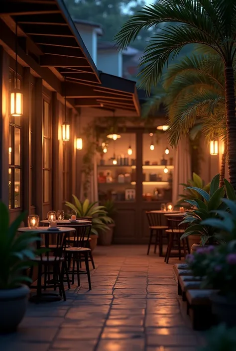 a cozy night cafe, boma night cafe, elegant cafe interior, warm lighting, wooden furniture, potted plants, candle lights, cafe atmosphere, people sitting and chatting, detailed scene, realistic, photorealistic, 8k, high quality, masterpiece