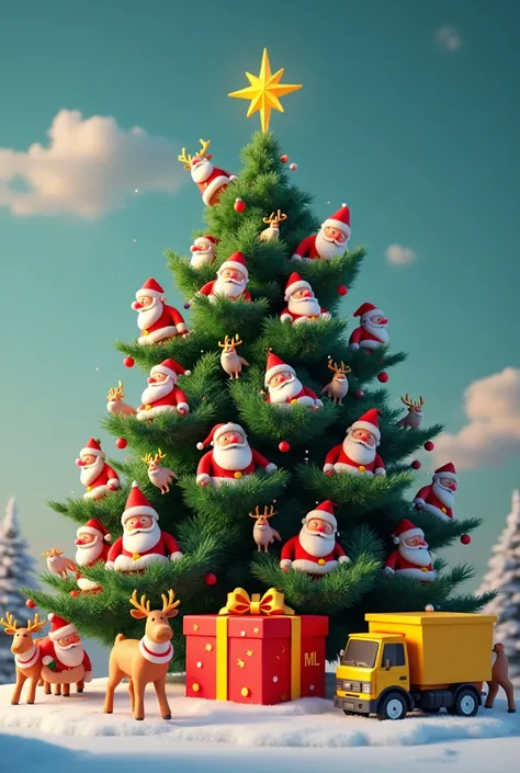 Create a Christmas tree , with thirteen Santa Clauses and ten reindeer inside it in a funny way . Place in the center a large red gift with the name ML and a yellow box truck.
