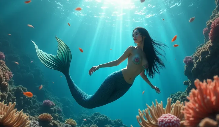 ( (【8k:1.27),  Premium quality ,  Close viewing angle , Panoramic shot  ,  photorealistic , Underwater,  very pretty 20-year-old Korean mermaid , Naked, slim figure, fit, long tail fin, ,  dainty heart-shaped face , Black hair , wise skin color, big breast...