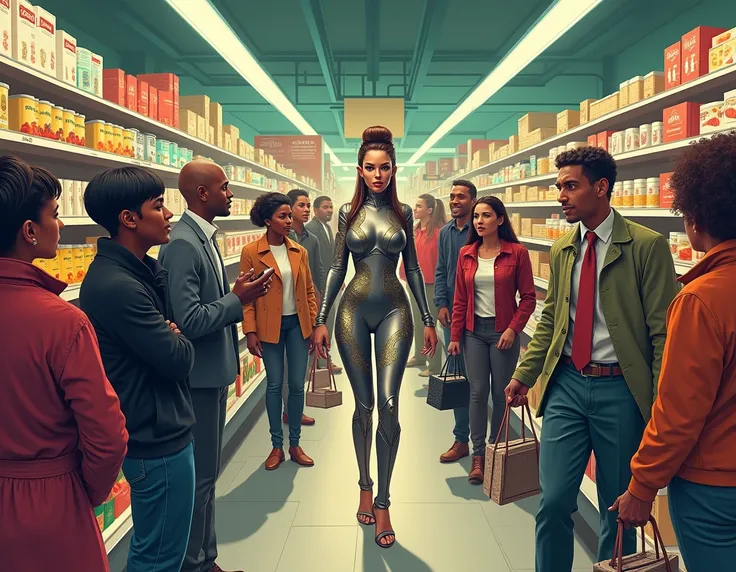 digital art, oil painting effect, comic scene, humorous characters, Wide angle view of a beautiful glamorous alien woman who went shopping at the supermarket and caught the attention of other human shoppers