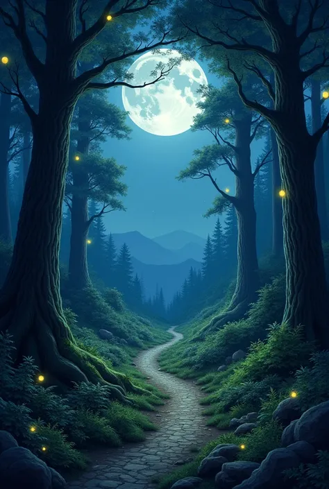 A night with A path that passes through the middle of a forest and the immense full moon 