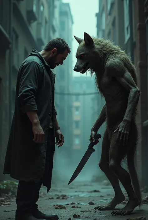 A wounded man confronting a skinny werewolf with a knife 