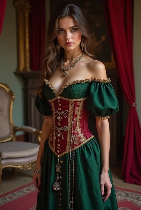  Beautiful perfect body portrait  ( perfect measurements 90 - 60 - 90 ) longitud total (standings a cabeza)  of an incredibly beautiful young Italian girl as a medieval courtesan, corset, neckline bajo, neckline,  Big Tits, jewelry,  sharp focus on the eye...