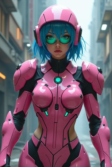 A very muscular Japanese woman with short blue hair in a pink mech suit wearing a pink helmet and green goggles flexing her muscular arms 