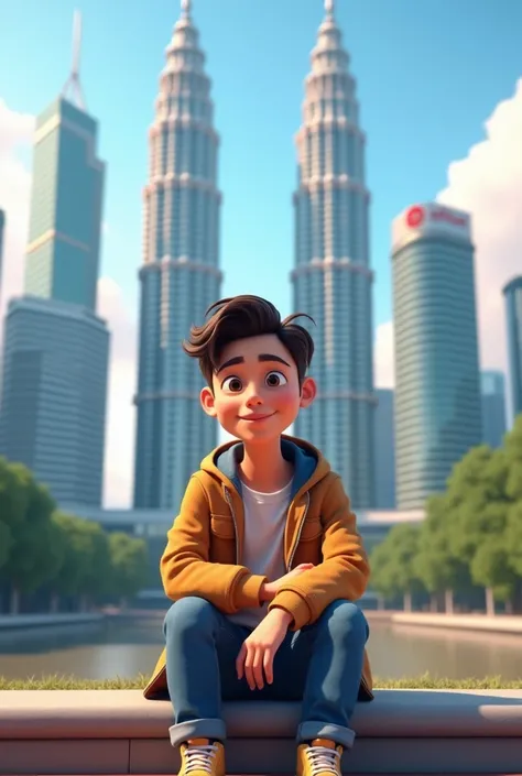  create an animated 3D illustration of a young man with a human face
Suluk,  dressed casually with jacket , jeans and shoes , sitting in front of the petronas twin tower ,  background with the name Rhaf Cyunkz You 