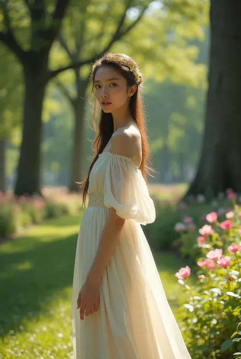 A girl in a long white dress and gold headgear stands in a quiet park, facing the viewer. The background is a lush garden, and the soft sunlight filtering through the trees creates a magical and elegant atmosphere. Realistic lighting, cinematic quality, hi...