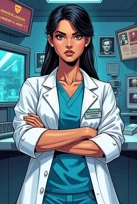 Create a  Indian female doctor with white skin tone who is a forensic expert in comic style