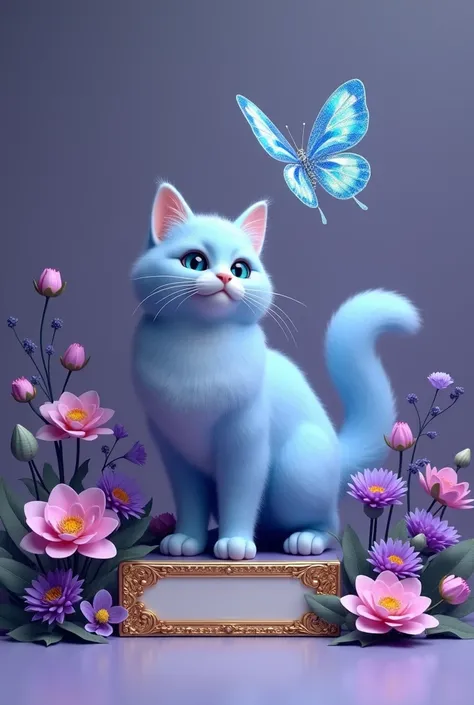 A 3D render of a luxurious and elegant blue and light fluffy Cat character standing gracefully beside a lavish nameplate. The nameplate is adorned with violet hearts, lotus flowers, Cosmos, dahlias, and roses, and reads "WildCat Agency " in luxurious blue,...