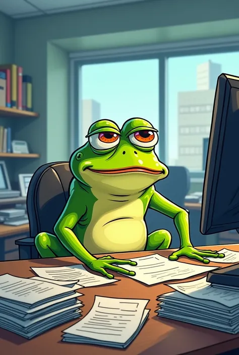 can you draw me a cartoon about a frog work in a office cannot have not enough sleep because of so many works .