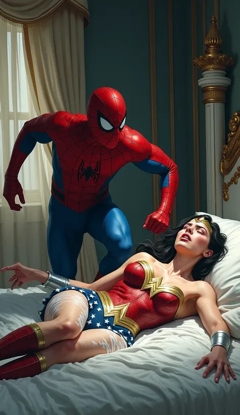 Spiderman run inside the wonder woman room where she is crying on bed , White cream like liquid on her face and body , wonder woman is crying for help.