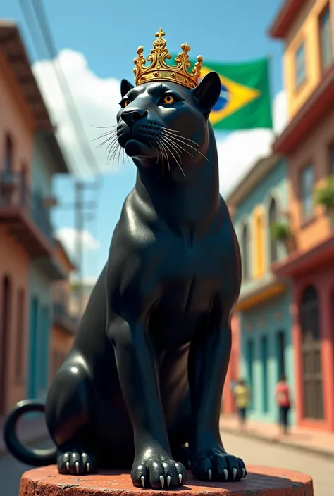 Give me a panther with a crown in a favela in Brazil but that looks far away and respectful that Braisl fabela is appreciated , But more favela and with Brazilian flags in the background