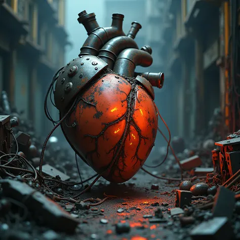 A mechanical heart made with sophisticated technology glows ominously among the scrap metal.