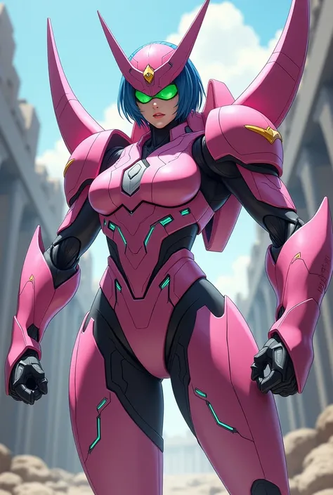 A very muscular Japanese woman with short blue hair in a pink mech suit wearing a pink helmet and green goggles with long pink flexing her muscles 