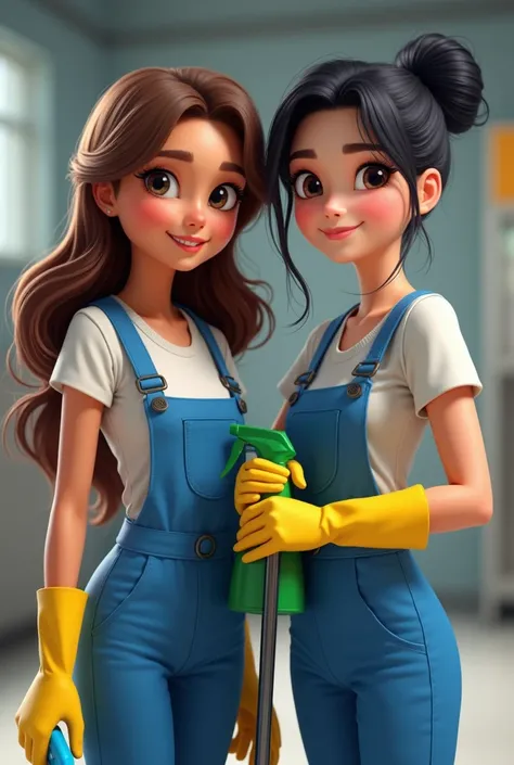  Two beautiful girls one with brown hair skin
White another with black hair, pearlescent skin, both dressed in a work apron, blue jumpsuit., yellow latex gloves and cleaning products on hand realistic animated image 